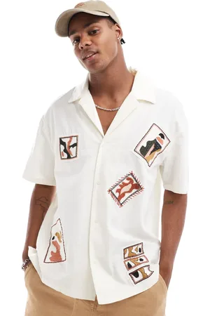 Bershka Floral embroidered stitch shirt in beige