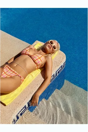 ASOS Mae seersucker knot front crop bikini top in gingham