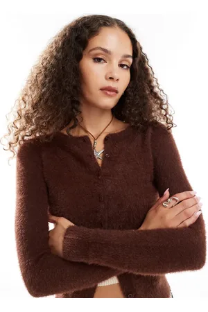 Daisy Street Fluffy knit micro cardigan in chocolate