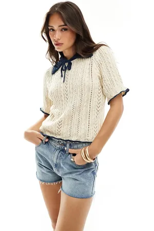 Y.A.S Crochet knit short sleeve polo top with contrast navy and cream