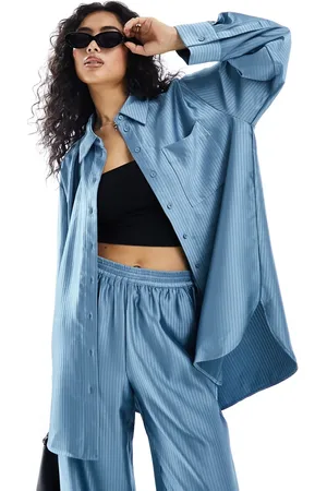 Y.A.S Satin oversized pinstripe shirt co-ord in - MBLUE