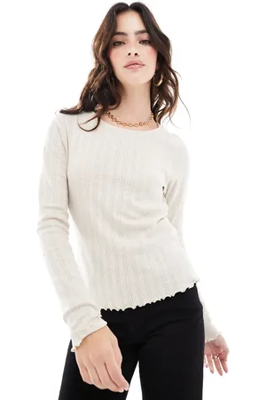 ONLY Long sleeve lettuce hem top with pointelle in stone