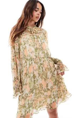 Y.A.S Tie neck pleated mini dress with lettuce edge in floral print