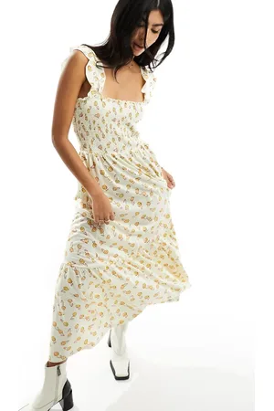 French Connection Printed shirred body maxi dress in cream