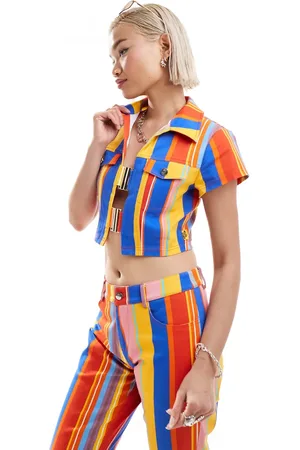 Elsie & Fred Buckle front collar detail crop top in 70s stripe co-ord