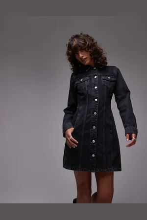 Topshop Button through long sleeve mini dress in washed