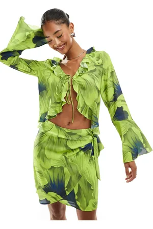 Y.A.S Frill detail tie front blouse co-ord in lime print
