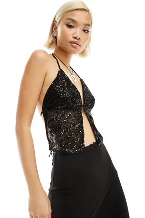 ONLY Open back halter neck top in sequin