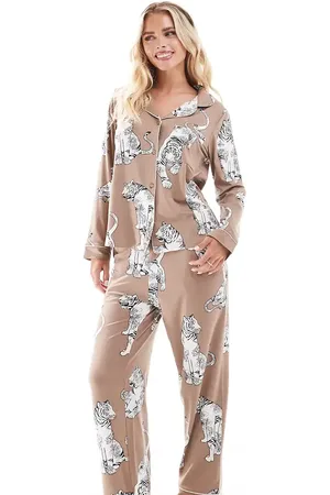 Chelsea Peers Chelsea Peers Exclusive Petite poly tiger print button short sleeve top and trouser pyjama set in chocolate