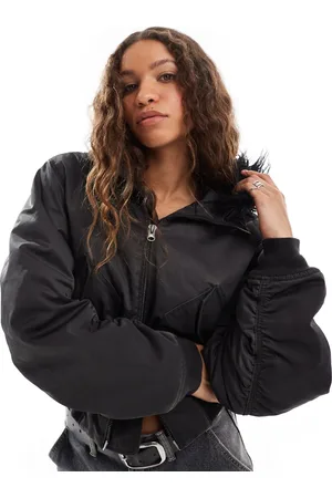 Weekday Gem bomber coat with faux fur hood in dark grey