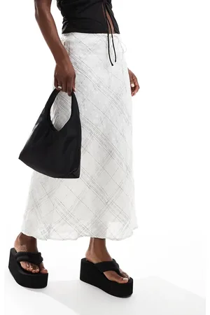 MANGO Lightweight linen mix check skirt in