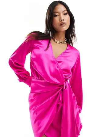Never Fully Dressed Petite satin wrap mini dress in bright