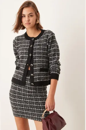 VILA Knitted polo cardigan co-ord in black boucle check