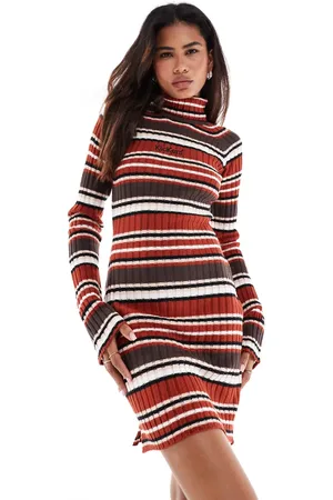 Kickers Roll neck fitted knit jumper dress in retro pink brown stripe
