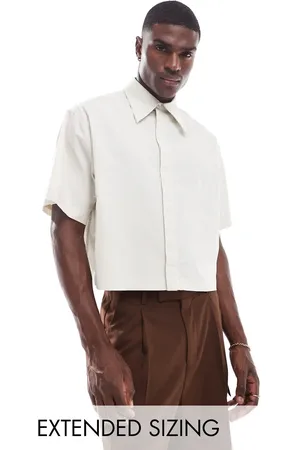 ASOS Boxy cropped 70s collar poplin shirt in stone