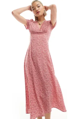 Glamorous V neck lace trim midi tea dress in ditsy floral