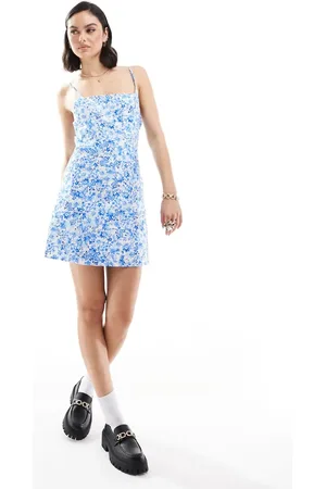 MANGO Porcelain floral printed mini dress in and blue