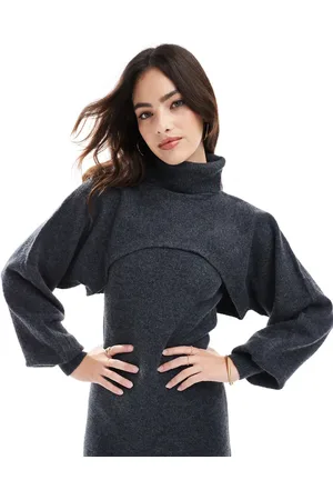 Pieces® Knitted roll neck cropped jumper co-ord in charcoal