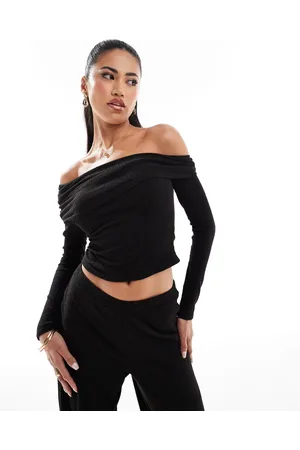 Kaiia Soft rib bardot long sleeve top co-ord in
