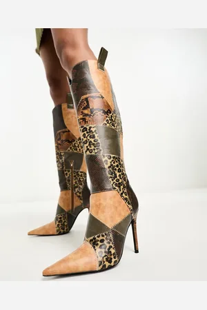 Daisy Street Stilleto knee boots in tan patchwork