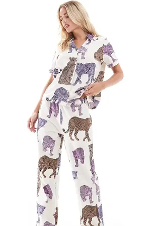 Chelsea Peers Chelsea Peers Exclusive Petite cotton tonal leopard print button short sleeve top and trouser pyjama set in off