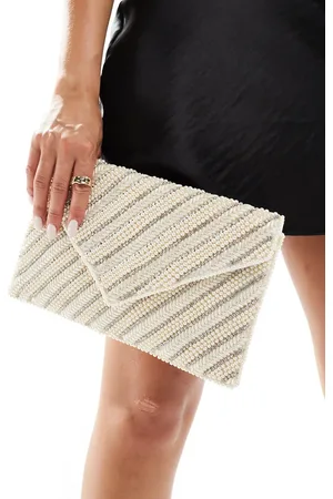 True Decadence Stripe beaded envelope clutch bag in cream and blush