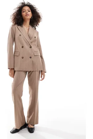 VERO MODA Aware cropped flared trouser co-ord in beige pinstripe