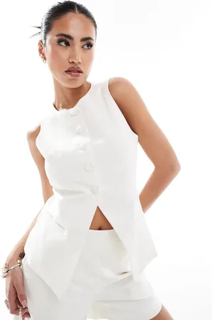 Kaiia Sleeveless high neck split front waistcoat co-ord in cream
