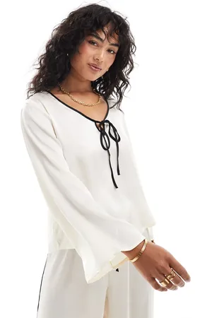 JDY Contrast detail satin top co-ord in cream