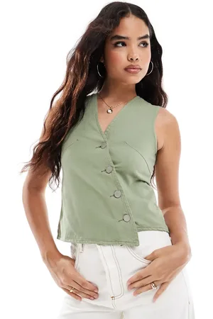Threadbare Asymetric twill waistcoat in khaki