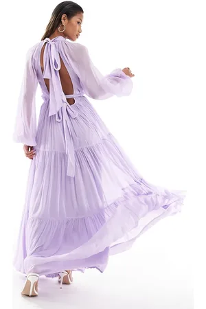 Lace & Beads Balloon sleeve tiered maxi dress in lilac