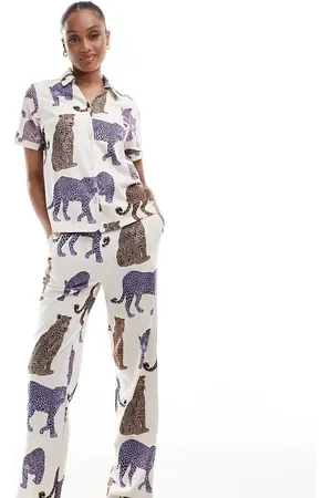 Chelsea Peers Chelsea Peers Exclusive Tall cotton tonal leopard print button short sleeve top and trouser pyjama set in off
