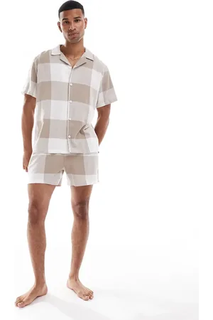 ASOS Check shirt and shorts loungewear set in beige