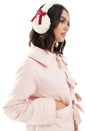 My Accessories Faux fur ear muffs with detachable red bows in cream