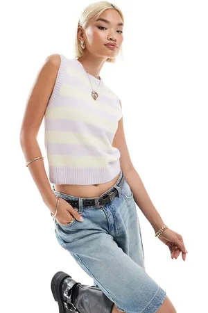 Monki Crew neck knitted vest in lilac and yellow stripe