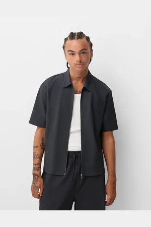Bershka Zip through cotton shirt in charcoal
