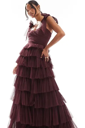 Lace & Beads Bow shoulder tiered tulle maxi dress in plum