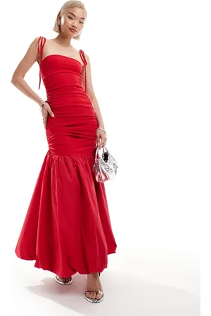 Amy Lynn Alexa shoulder tie fishtail midi dress in cherry