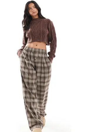Bershka Petite button front pull on wide leg trousers in check