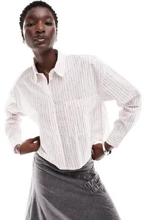 Monki Long sleeve poplin shirt in red and white bow lines print