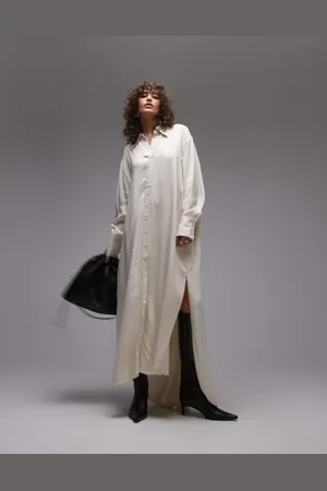 Topshop Premium satin maxi shirt dress with step hem in ivory