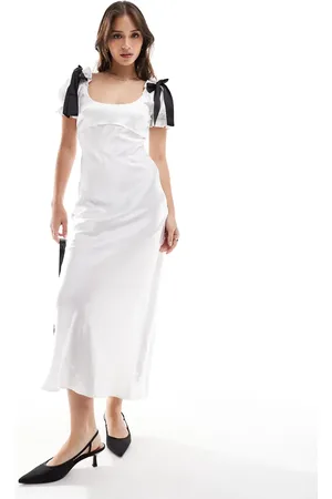 ASOS Satin puff sleeve midi tea dress in white