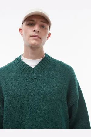 Topman Oversized v neck jumper in green with exposed seam