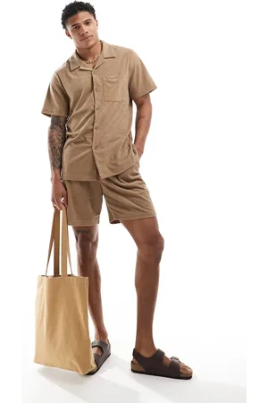 South Beach Waffle towelling beach shirt co-ord in tan