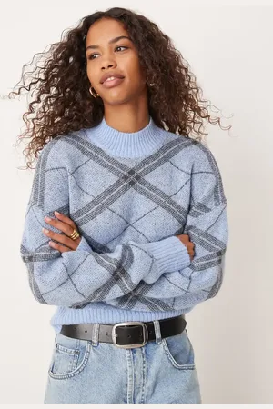 Glamorous High neck fitted jumper in blue argyle knit