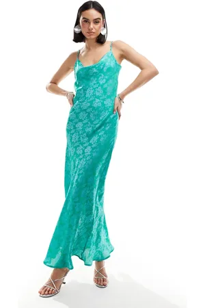Y.A.S Cowl neck satin cami midi dress in teal jacquard floral - TURQUOISE