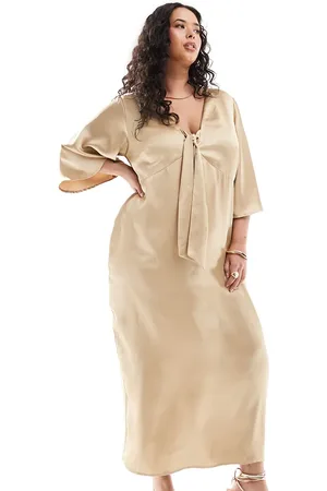 Pretty Lavish Tie front satin midaxi dress in irish cream
