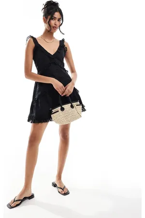 Miss Selfridge Lace trim insert strappy tiered mini dress in