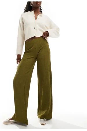 Bershka Textured wide leg trousers in khaki
