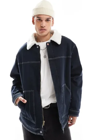 Wrangler Casey Jones workwear borg sherpa lined denim worker jacket in dark wash